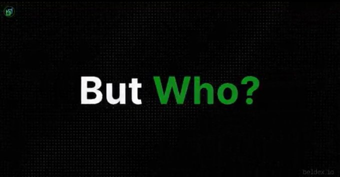 A black screen displays the text 'But Who?' with 'Who?' highlighted in green, alongside a small Spotify logo and 'beldex.io' in the corner.