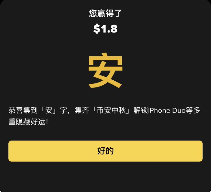 A mobile app screen displays a reward notification in Chinese, showing the user won $1.8 and collected the character '安' (An), with a yellow confirmation button at the bottom.