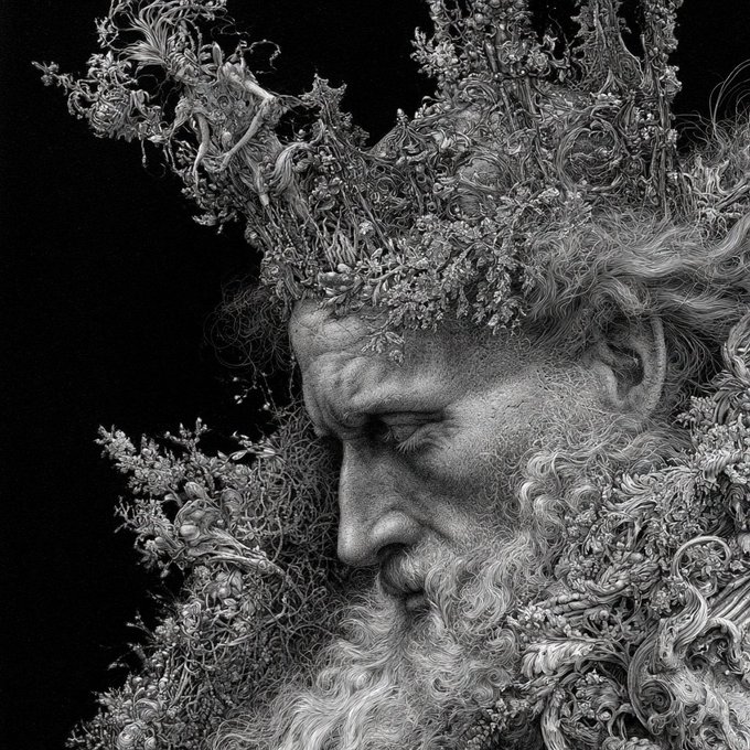A highly detailed black-and-white illustration depicts the profile of a regal, bearded figure with his head bowed, wearing an ornate crown that appears to be growing with intricate floral and foliage elements.