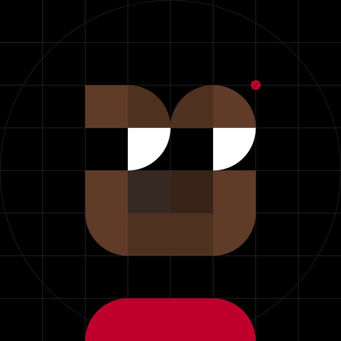 A minimal geometric portrait on a dark grid background showing a brown face with a small red checkmark and a red shape below.