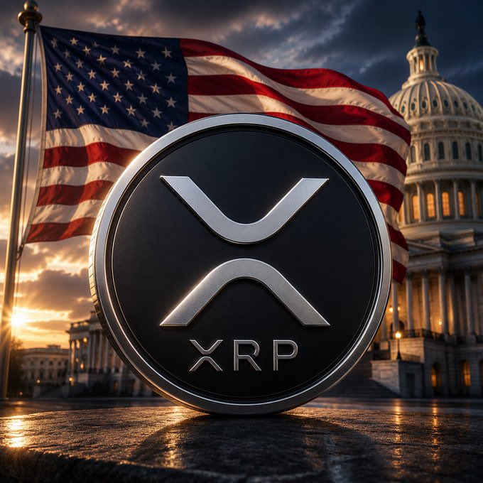 The image features a large silver coin with an XRP logo on top of it. The coin has a black border and is placed on a gray stone surface, possibly a pedestal or a base. In the background, there's a majestic American flag flying high in front of a building, which appears to be the U.S. Capitol Building. The image also includes text that reads "RIPPLE PRIME JUST ADDED GOLD SILVER AND OIL! THIS COULD BE, WHEN THE CLARITY ACT GETS PASSED, A GAME-CHANGER FOR THE XRP Price this year!".