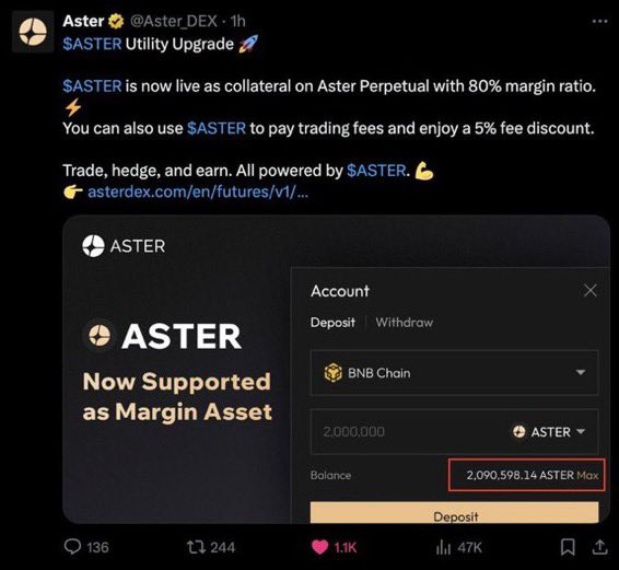 The image shows a screenshot from @Aster_DEX announcing that $ASTER is now live as collateral on Aster Perpetual with an 80% margin ratio, featuring a deposit interface displaying a balance/max of 2,090,598.14 ASTER—aligning with the accompanying post highlighting that CZ publicly bought ASTER around November and drawing attention to the large ~2 million ASTER deposit shown in the utility upgrade screenshot.