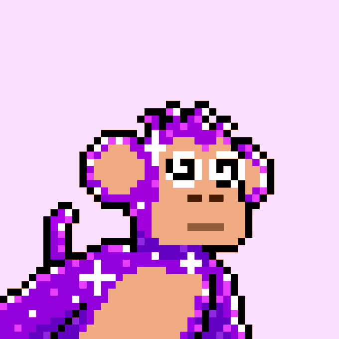Pixel art of a sheep character with a purple body, tan face, and swirly eyes on a lavender background.