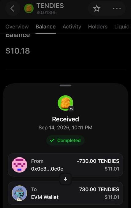 A mobile wallet screenshot shows a TENDIES token balance of $10.18 with a completed transaction of 730.00 TENDIES ($11.01) received on Sep 14, 2026, 10:11 PM.