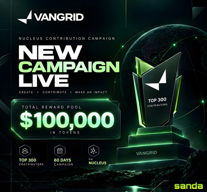 A promotional graphic for 'VANGRID' advertising a 'NEW CAMPAIGN LIVE' nucleus contribution campaign with a $100,000 total reward pool in tokens.