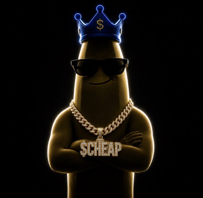 A 3D-rendered golden banana character wearing sunglasses, a blue crown with a dollar sign, a diamond-encrusted chain, and a pendant spelling '$CHEAP'.