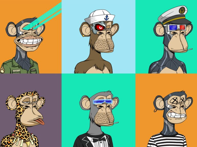 Six cartoon Bored Ape NFTs displayed against colorful backgrounds, serving as a visual prompt for a discussion about whether the NFT market will see another bull run. The image features variations of the popular NFT collection, including apes with sailor hats, laser eyes, 3D glasses, and military caps, representing the speculative asset class in question.