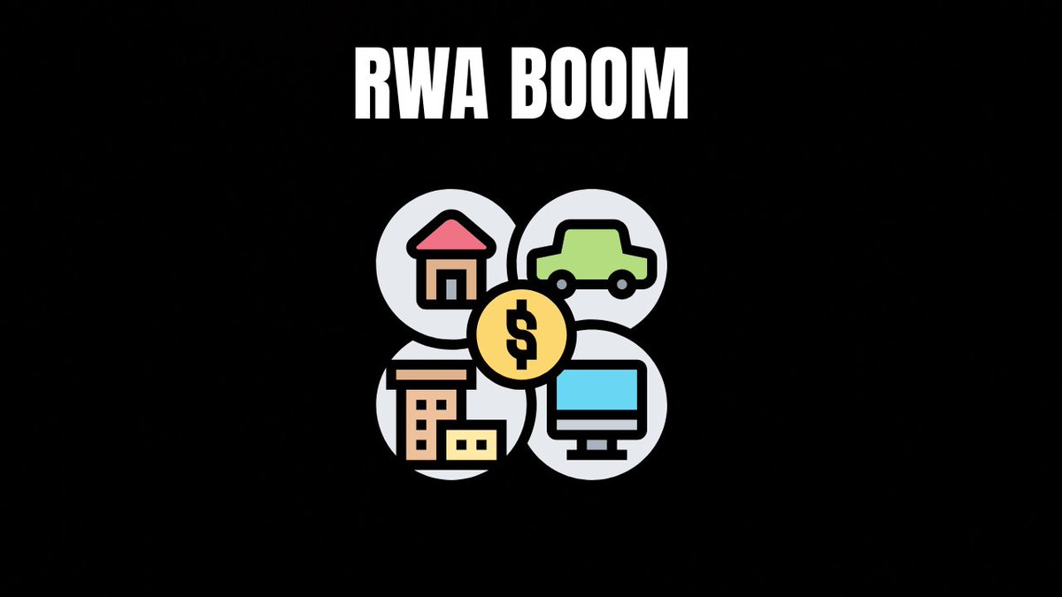 A black background featuring the text "RWA BOOM" above an icon cluster depicting a house, car, dollar sign coin, building, and computer monitor representing real-world assets.