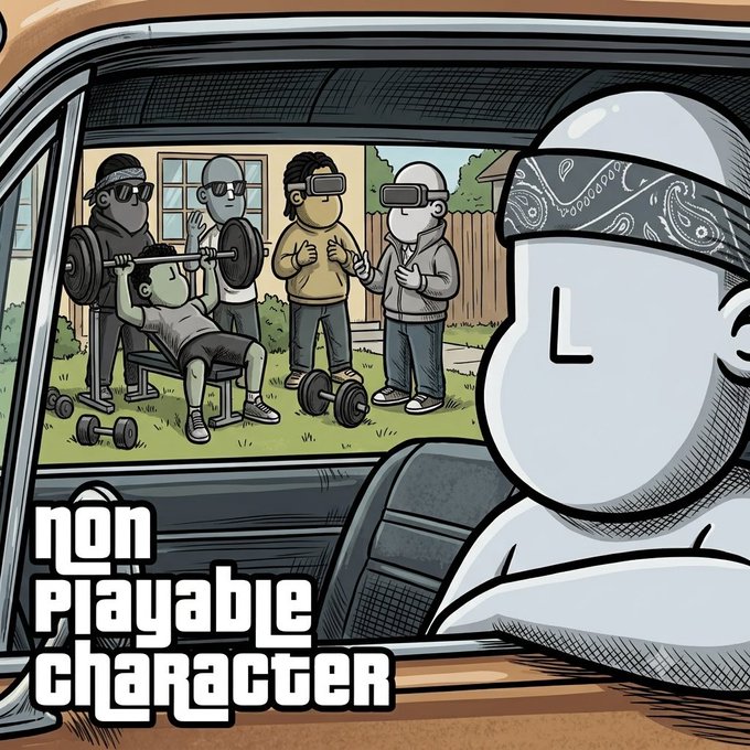A stylized illustration with the text "non Playable Character" showing a white character with a bandana marked "L" in the foreground, watching a group of people doing bench presses in a backyard gym scene through what appears to be a car window.