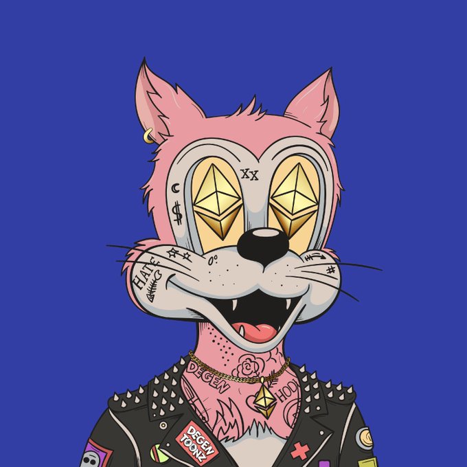 An illustration of a pink cartoon fox or cat character with diamond-shaped eyes, wearing a studded black leather jacket and gold jewelry, set against a blue backdrop.