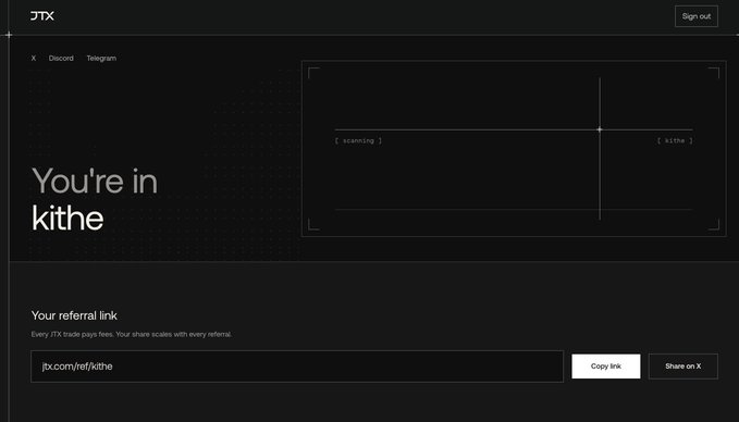 A user dashboard for JTX trade shows "You're in kithe" with a referral link (jtx.com/ref/kithe) and buttons to copy the link or share on X, representing a trader's personalized referral page in the JTX platform.