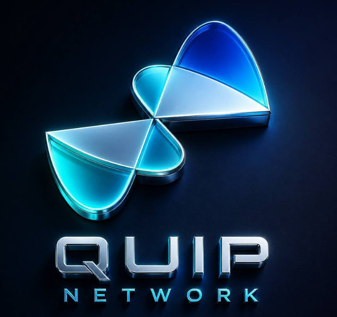 A 3D rendered logo featuring a glowing blue butterfly-wing or fan-shaped emblem above the metallic text 'QUIP NETWORK' against a dark blue background.