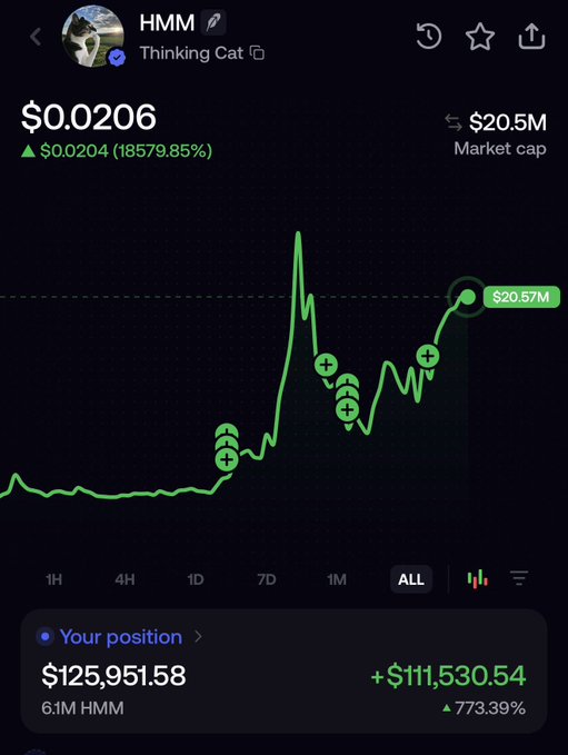 The image shows a trading chart for the HMM token ("Thinking Cat") priced at $0.0206 with a market cap of $20.5M, displaying a massive upward spike. The poster's portfolio shows a position of 6.1M HMM worth $125,951.58, with unrealized gains of +$111,530.54 (773.39%), supporting their boast of buying early without selling.