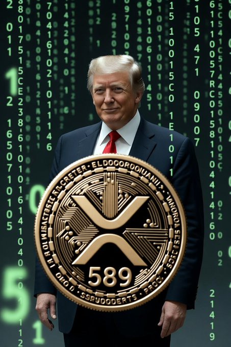 An image of Donald Trump in a suit holding a large gold XRP (Ripple) cryptocurrency coin with '589' on it, set against a green digital matrix code background.
