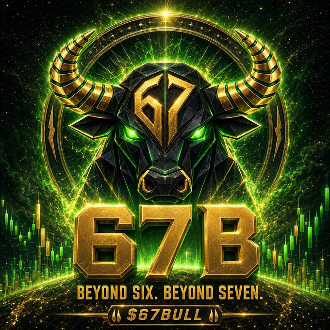 A graphic featuring a stylized black bull head with glowing green eyes and golden horns, with '67B' in the center, above the text 'BEYOND SIX. BEYOND SEVEN.' and '$67BULL', set against a background of green trading charts.