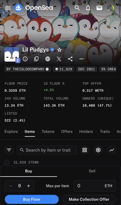 A mobile screenshot of the OpenSea NFT marketplace shows the 'Lil Pudgys' collection by THEIGLOOCOMPANY with a floor price of 0.3259 ETH, 24h volume of 13.34 ETH, and a 5% creator royalty.