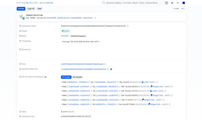 A blockchain explorer screenshot of Ethereum transaction 0x461631e3cf8a8a4712cde4b4c5ef8534f9c9277c54a5af312631d0c764, showing a successful swap of USDC to Bridged Tether (USDC) for $30.05 on July 26, 2026, sent to a contract address—illustrating the warning about bridging into Arc mainnet before its official launch, as the transaction involves bridged Tether assets that could potentially be blacklisted or stranded.