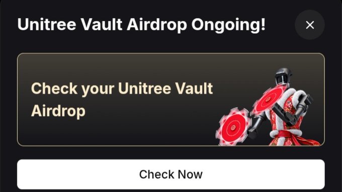 A promotional graphic for a 'Unitree Vault Airdrop' with a 'Check Now' button and an illustration of a character holding circular saws.
