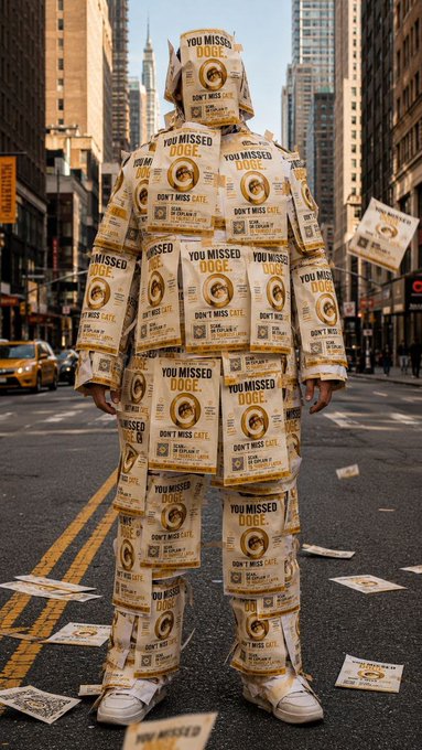 A person stands on a city street wearing a hooded suit entirely covered in posters reading 'YOU MISSED. DOGE' and 'DON'T MISS CATE,' with more posters scattered on the pavement.