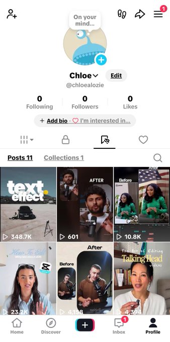 A TikTok profile screen for 'Chloe' (@chloealozie) showing 11 posts, 0 followers, 0 following, and 0 likes, with thumbnails of video editing tutorials.
