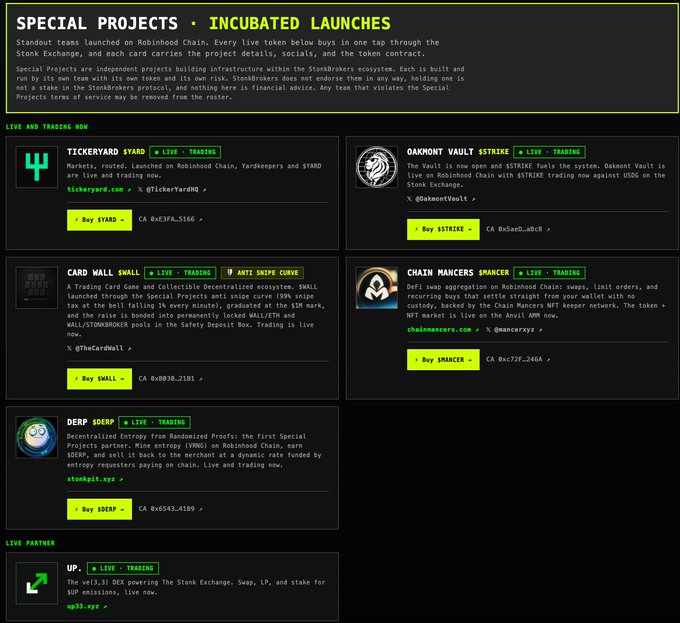 'Special Projects - Incubated Launches' page on Stonk Exchange listing live Robinhood Chain tokens: TickerYard ($YARD), Oakmont Vault ($TRIKE), Card Wall ($WALL), Chain Mancercs ($MANCER), Derp ($DERP), and UP ($UP), each with contract addresses and buy links.