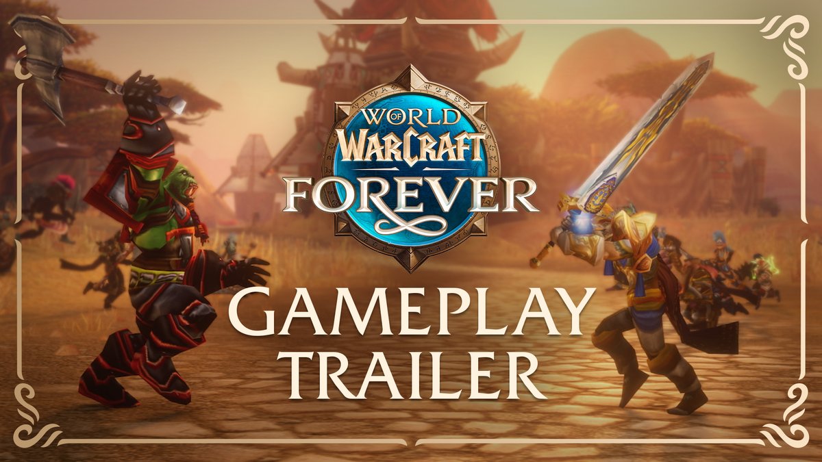 The image is a promotional thumbnail for "World of Warcraft Forever" with the text "Gameplay Trailer" displayed prominently, featuring two fantasy warriors—an orc-like figure wielding an axe on the left and a human-like warrior with a glowing sword on the right—facing off in a battle scene. This relates to the post envisioning @OthersideMeta as evolving into a fully realized MMORPG-style game similar to World of Warcraft.