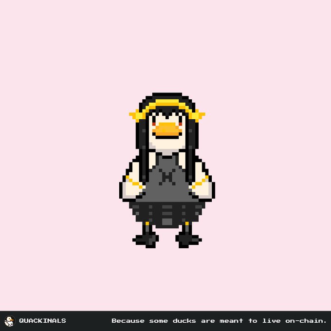A pixel art illustration of a duck-like character wearing a yellow headband and dark outfit on a pink background, with text 'QUACKINALS - Because some ducks are meant to live on-chain.'