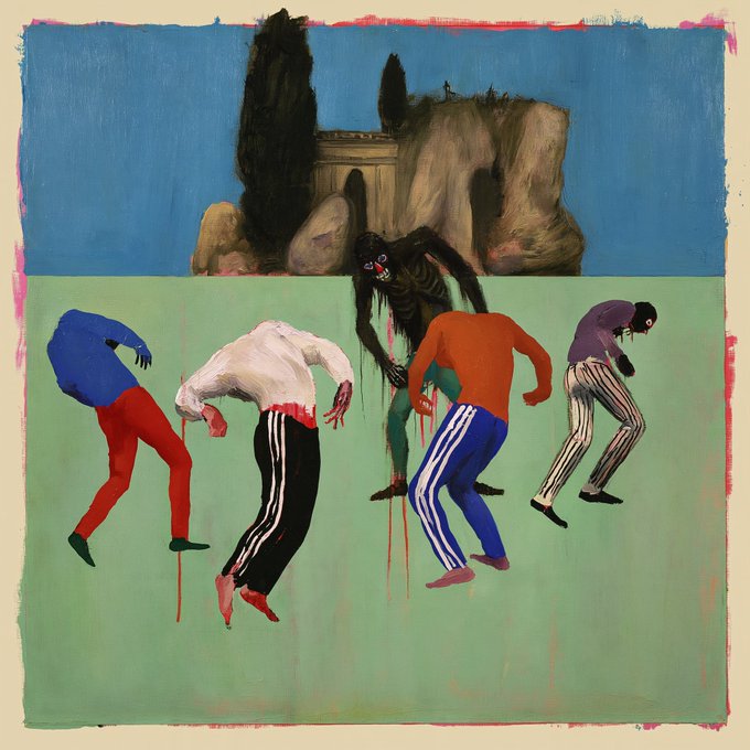 A painting depicting several hunched figures in colorful clothing with red dripping from their hands against a green and blue background, with a skeletal figure behind them.