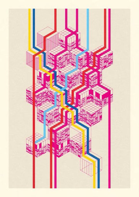 An abstract isometric digital artwork featuring pink and red grid-patterned cubes connected by colorful lines (yellow, blue, red, pink) on a cream background.