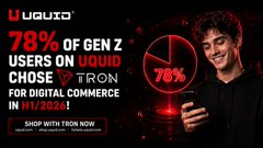 The image shows an advertisement for "UQUID" with bold text stating "78% OF GEN Z USERS ON UQUID CHOSE TRON FOR DIGITAL COMMERCE IN H1 2026," featuring a young man smiling and holding a smartphone, alongside a pie chart highlighting "78%." The graphic visually supports the post's claim about Gen Z's preference for TRON on Uquid for digital trading, emphasizing its appeal as a fast, low-cost, and user-friendly payment option.