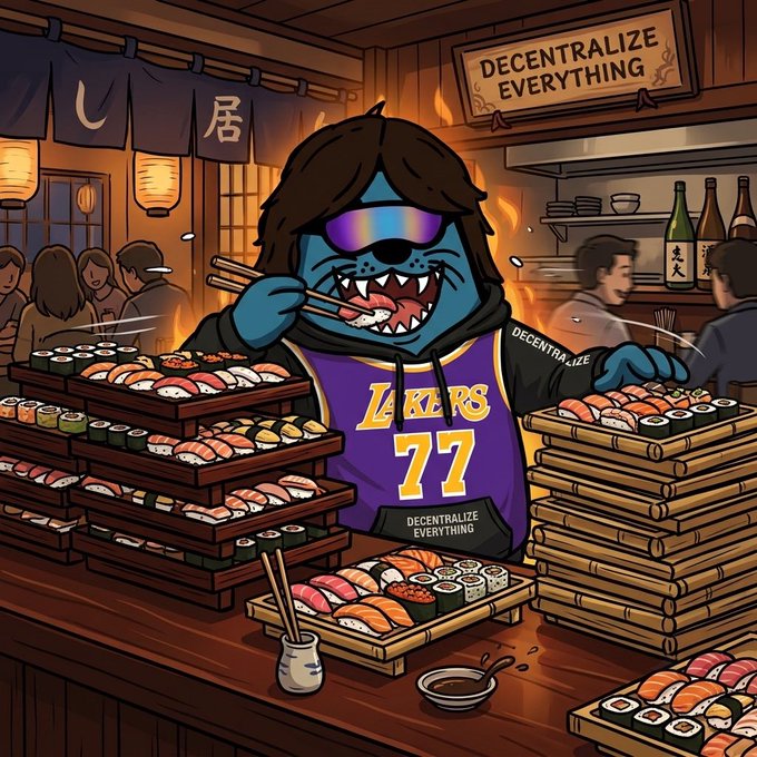 A blue seal character wearing a Lakers #77 jersey and 'DECENTRALIZE EVERYTHING' text eats sushi in a restaurant, surrounded by stacks of sushi trays and a sign reading 'DECENTRALIZE EVERYTHING'.