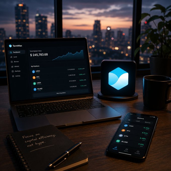 A laptop displaying a TermMax cryptocurrency dashboard with a $245,783.68 market value and positions in USDC, BTC, USDX, and RUSD, sits on a desk alongside a smartphone, a notepad reading 'Focus on capital efficiency, not hype.', and a mug, with a city skyline at dusk in the background.