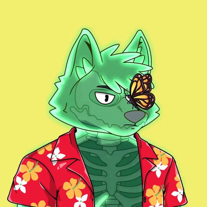 A digital illustration of a green wolf-like character with a butterfly on its face, wearing a red Hawaiian shirt with white and yellow flowers against a yellow background.