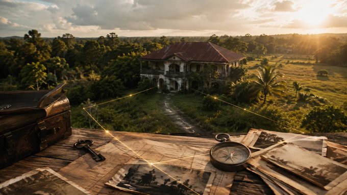 An aged map and compass on a wooden table overlay a weathered colonial estate at sunset, with glowing constellation lines connecting the foreground artifacts to the property—symbolizing how digital tools like Genvault can trace and preserve family ownership across generations.