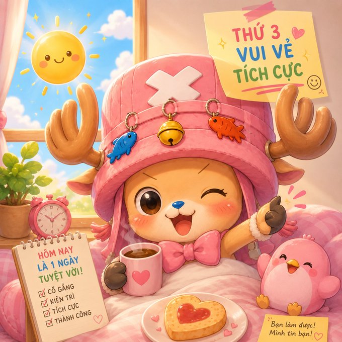 A cheerful illustration of a cartoon animal (Tony Tony Chopper) in a pink hat holding coffee, with Vietnamese text including 'THỨ 3 VUI VẺ TÍCH CỰC', 'HÔM NAY LÀ 1 NGÀY TUYỆT VỜI!', and checklist items 'CÓ GẮNG', 'KIÊN TRÌ', 'TÍCH CỰC', 'THÀNH CÔNG'.