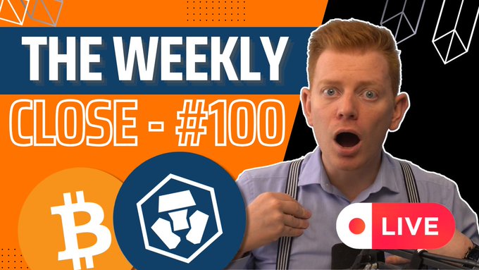 The image is a YouTube thumbnail for "THE WEEKLY CLOSE - #100" featuring a surprised-looking man, Bitcoin and Crypto.com (CRO) logos, and a "LIVE" badge, promoting an episode focused on BTC and CRO chart analysis along with macro news for the #CROfam community.