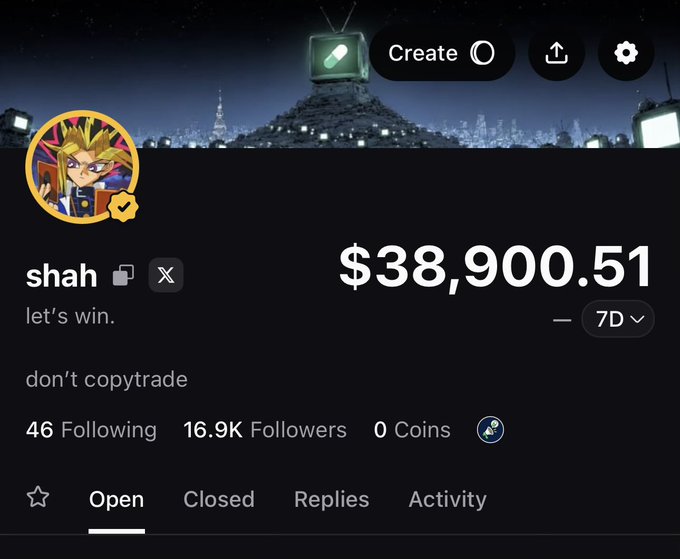 A profile screenshot from the Pumpfun app showing user "shah" with a bio reading "let's win. don't copytrade," displaying a 7D portfolio balance of $38,900.51 alongside stats of 46 Following, 16.9K Followers, and 0 Coins. The image illustrates the post's celebration of hitting 17k followers on the platform before returning to active trading.