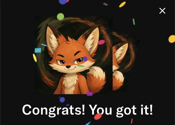 A pop-up screen displaying a cartoon illustration of a fox character surrounded by confetti, with the text 'Congrats! You got it!'.