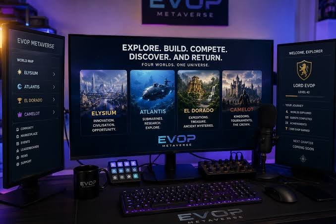 A gaming setup displaying the 'EVOP METAVERSE' interface on three monitors, featuring world options like Elysium, Atlantis, El Dorado, and Camelot with the tagline 'EXPLORE. BUILD. COMPETE. DISCOVER. AND RETURN.'