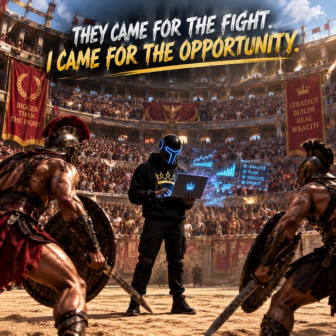 A dramatic AI-generated image of a modern figure in a cyber-visor and hoodie using a laptop in a Roman colosseum, flanked by gladiators, with the text 'THEY CAME FOR THE FIGHT. I CAME FOR THE OPPORTUNITY.' and banners reading 'BIGGER THAN THE FIGHT' and 'STRATEGY BUILDS REAL WEALTH.'