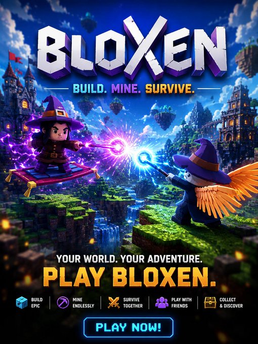 The image features a poster for a video game called "Bloxen" that includes two cartoon characters, one wearing a witch hat and the other an orange bird. The poster also displays text promoting the game's gameplay elements such as building, mining, hunting, fishing, and owning land. The background of the poster is blue with white clouds, creating a whimsical atmosphere for the video game.