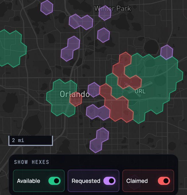 A dark map interface showing the Orlando area with colored hexagons indicating 'Available' (green), 'Requested' (purple), and 'Claimed' (red) zones.