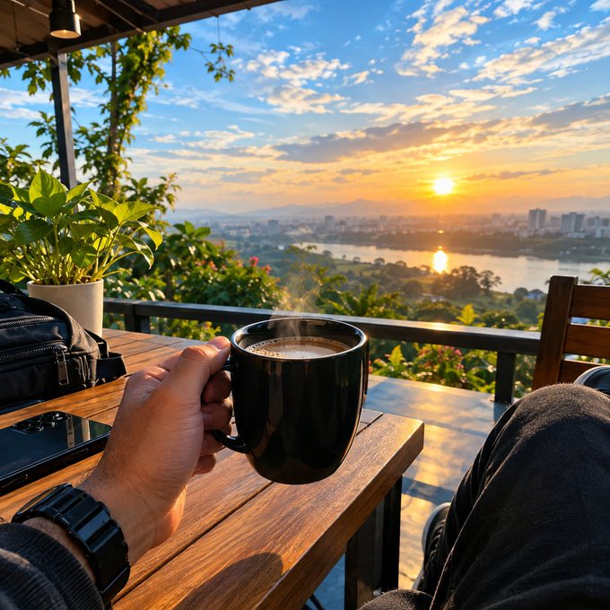A first-person view of someone holding a steaming black mug of coffee on a wooden balcony at sunset, overlooking a river and city skyline.