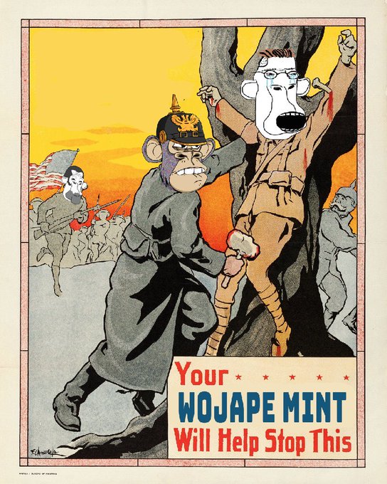 A vintage propaganda poster depicts an anthropomorphic monkey in a German military uniform beating a man against a tree, with text reading 'Your WOJAPE MINT Will Help Stop This'.