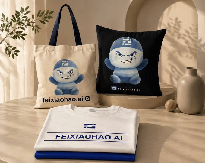 A promotional display showcasing merchandise for "feixiaohao.ai" features a canvas tote bag with the brand name, a black throw pillow and a folded white t-shirt—all printed with a cartoon blue mascot character. The items are arranged on a warm beige surface alongside decorative plants and a vase, visually representing the giveaway prizes.