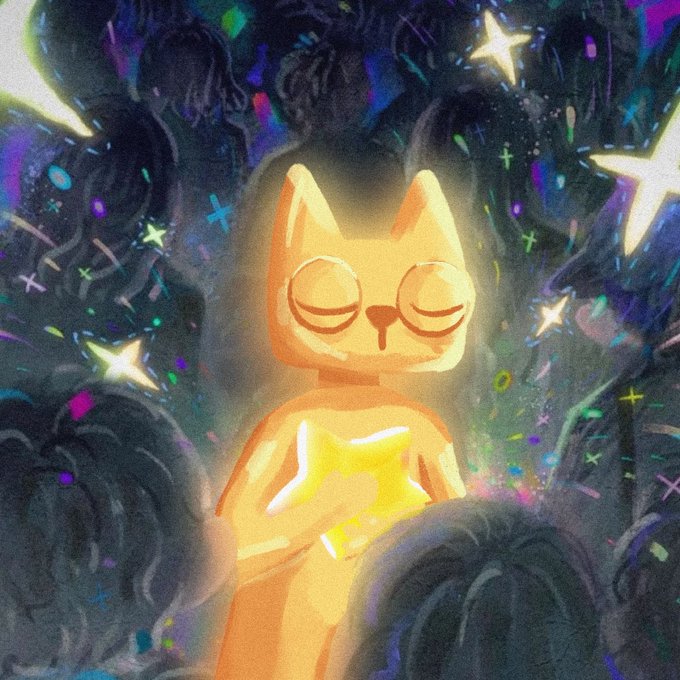 A serene, glowing orange cat with closed eyes radiates calm amid swirling dark chaos and colorful sparkles, mirroring the message of finding inner stillness and conviction ($CETS) as external market noise fades away.