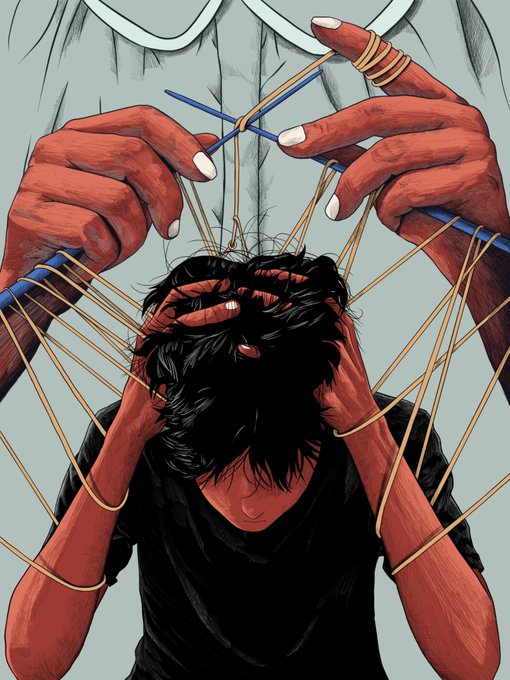 An illustration showing a distressed person clutching their head as large red hands use knitting needles and yellow yarn to weave through their dark hair.