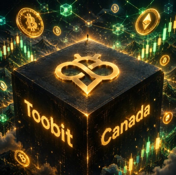 A digital artwork showing a large dark cube with glowing gold text reading 'Toobit' and 'Canada' alongside a logo, set against a backdrop of floating Bitcoin and Ethereum coins and green candlestick charts.