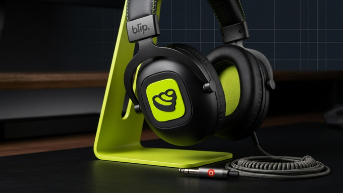 Black and green over-ear headphones branded 'blip.' displayed on a matching lime-green stand with a coiled cable.