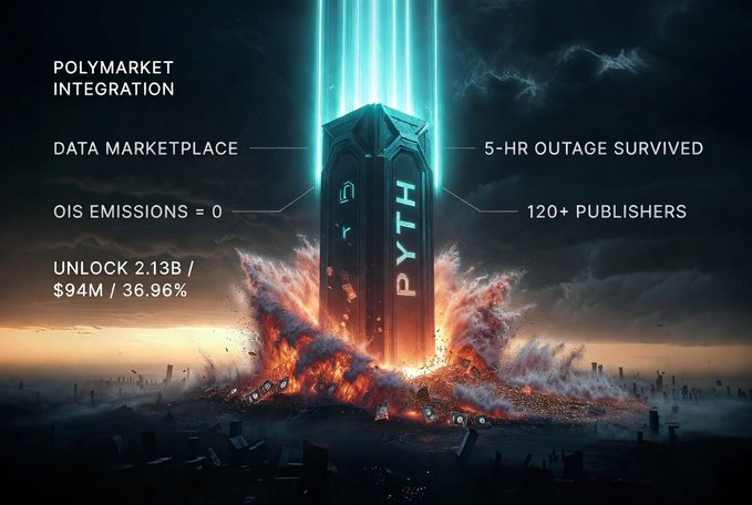 The image presents an explosion of fireworks with a large, blue-green PyMote token hovering above them. A caption below the scene mentions the PyMote token, which is the central focus, and refers to its connection to an article titled "the largest token unlock in Pyth's history just happened on May 19. 2.13 billion PYTH. roughly $94 million in fresh supply. 36.96% of the entire circulating supply hitting the market in a single cliff release". The explosion and fireworks are used as visual aids that draw attention to the PyMote token, creating an eye-catching centerpiece for the image.